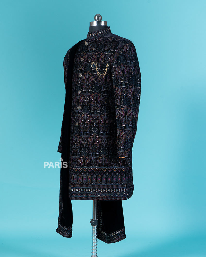 Black Sherwani with Golden Embroidery and White Pajama Set 04