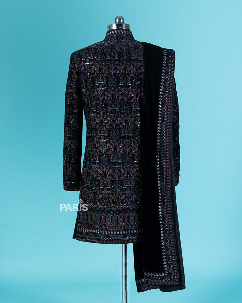 Black Sherwani with Golden Embroidery and White Pajama Set 06