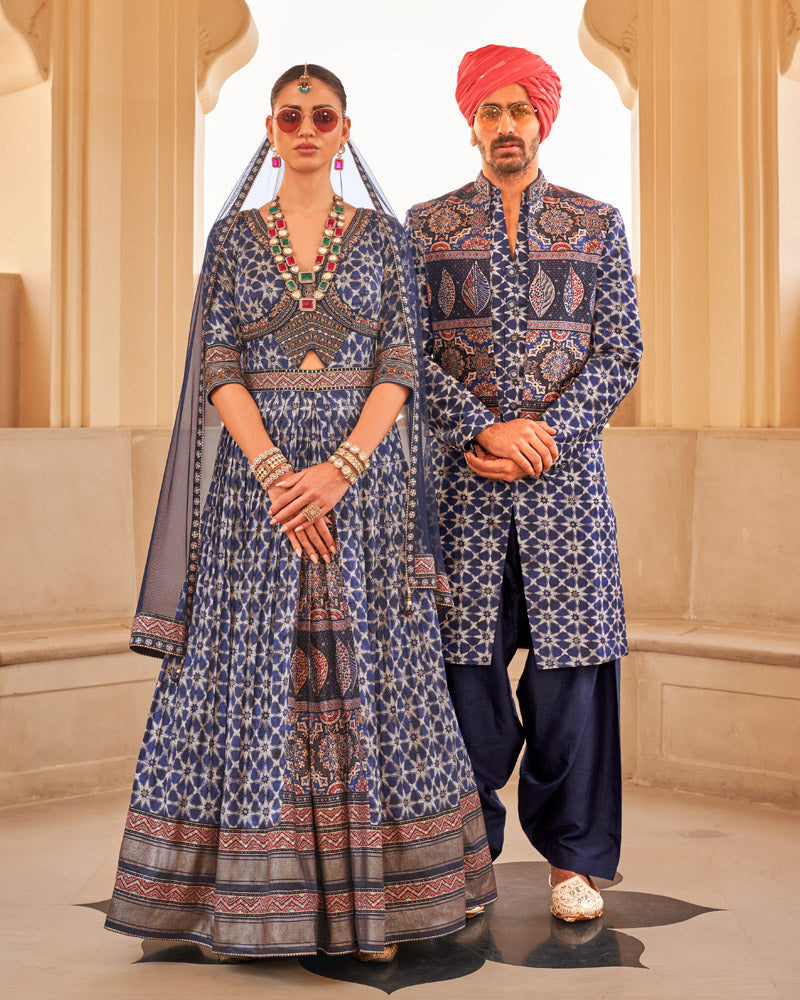 Blue Anarkali Dress and Men Blue Kurta Set with Printed Coat