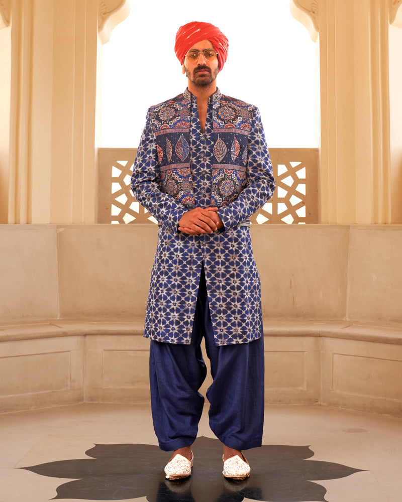 Blue Anarkali Dress and Men Blue Kurta Set with Printed Coat