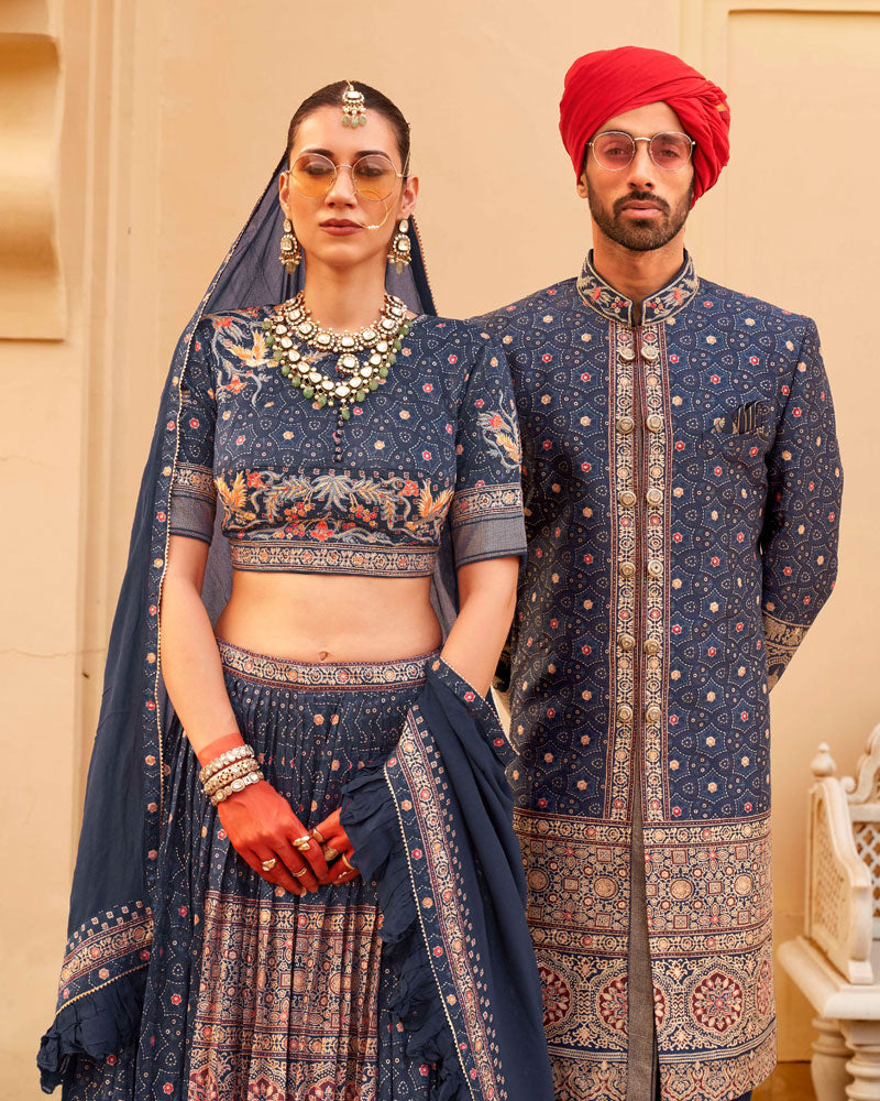 Blue Printed Lehenga Set and Men Kurta Set