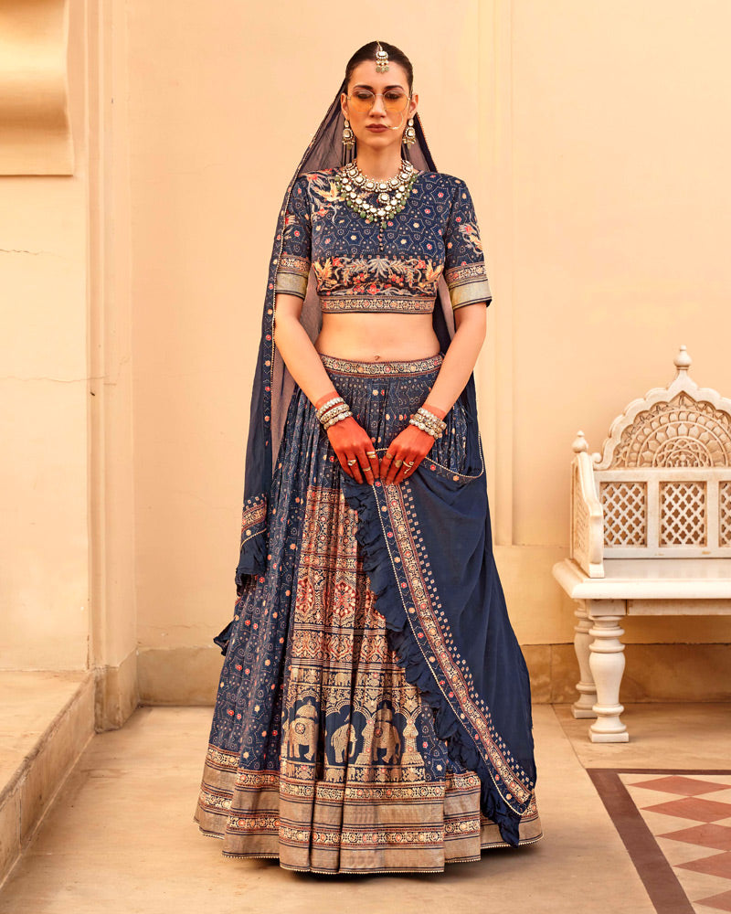 Blue Printed Lehenga Set and Men Kurta Set