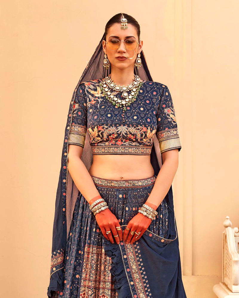 Blue Printed Lehenga Set and Men Kurta Set