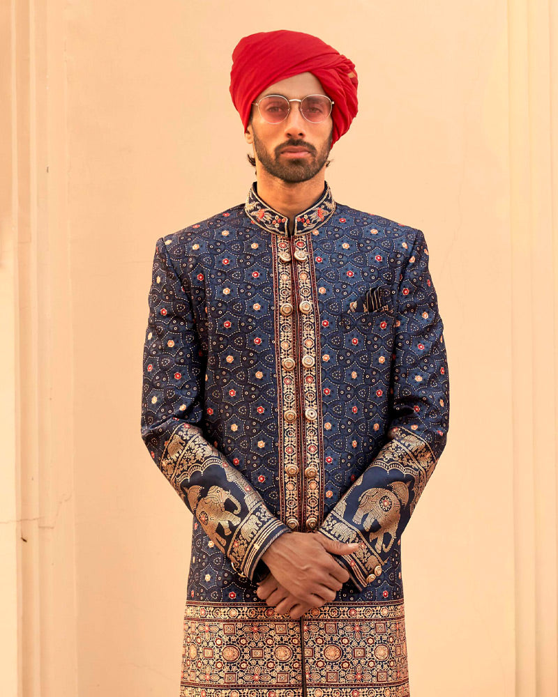 Blue Printed Lehenga Set and Men Kurta Set