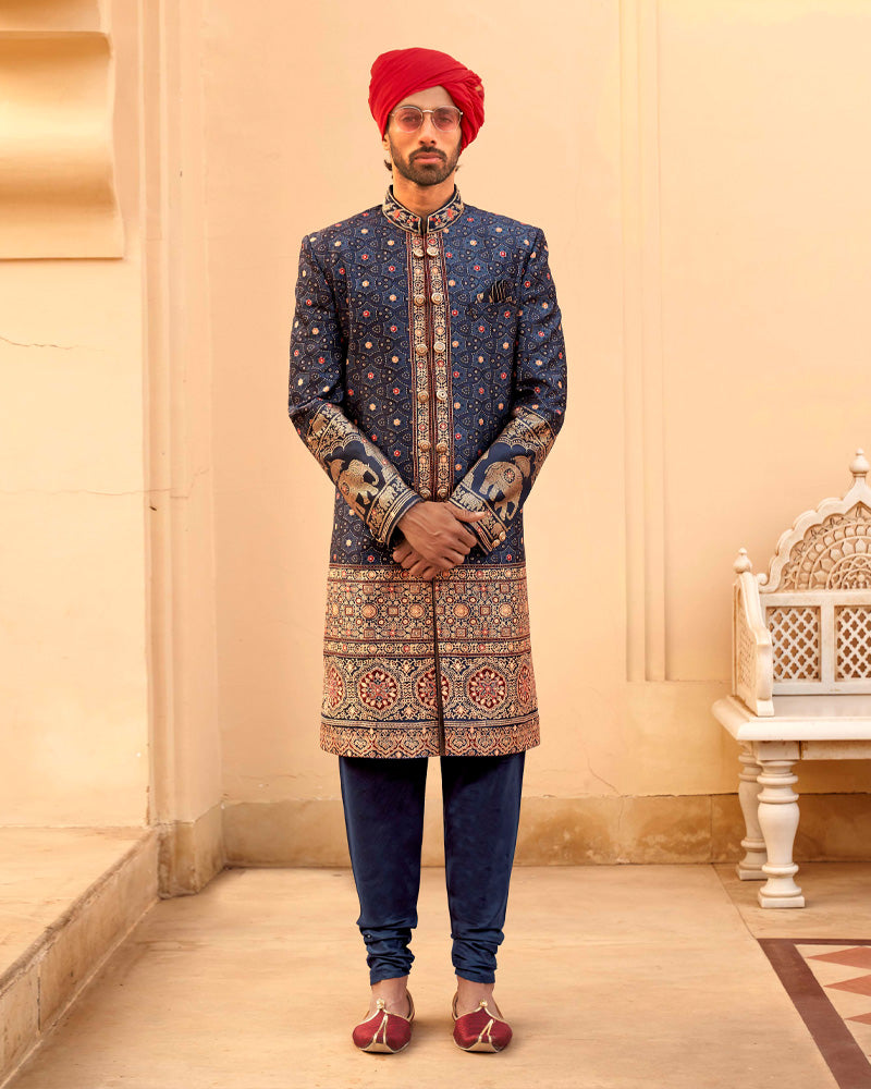 Blue Printed Lehenga Set and Men Kurta Set