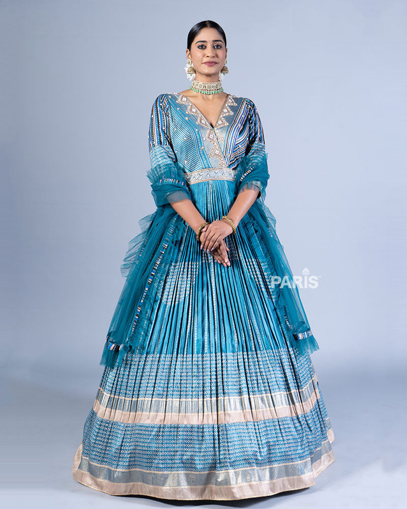 Blue Embellished Pleated Gown with Blue Dupatta 01