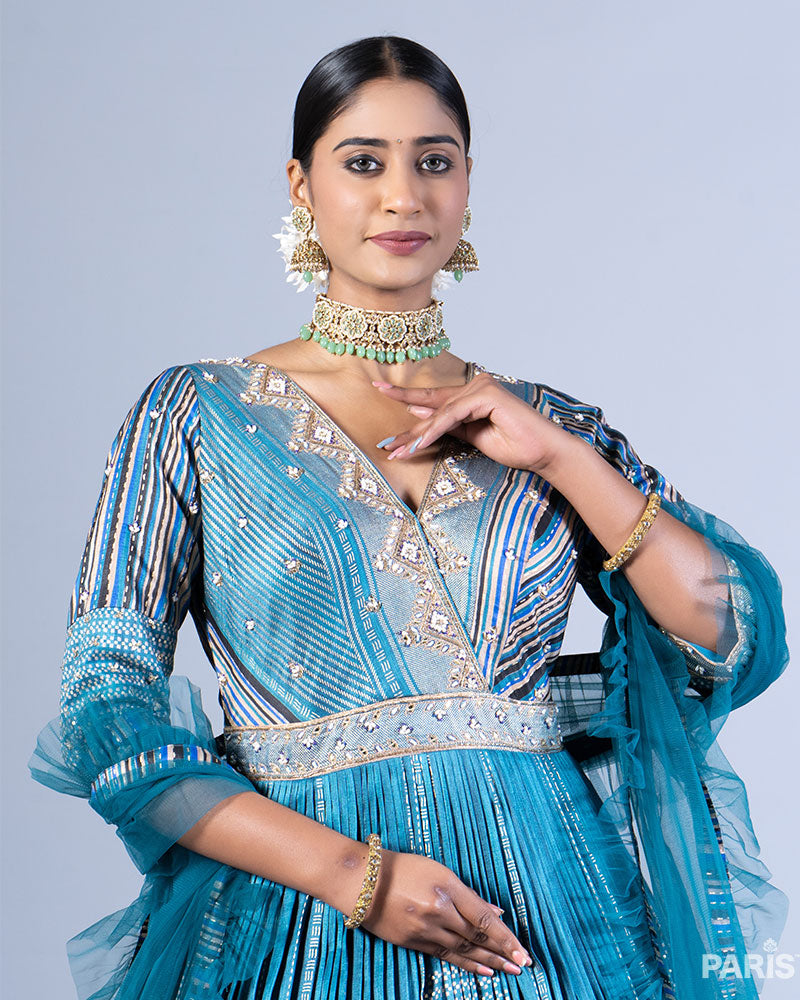 Blue Embellished Pleated Gown with Blue Dupatta 02