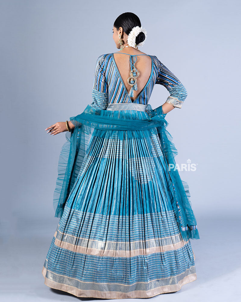 Blue Embellished Pleated Gown with Blue Dupatta 03