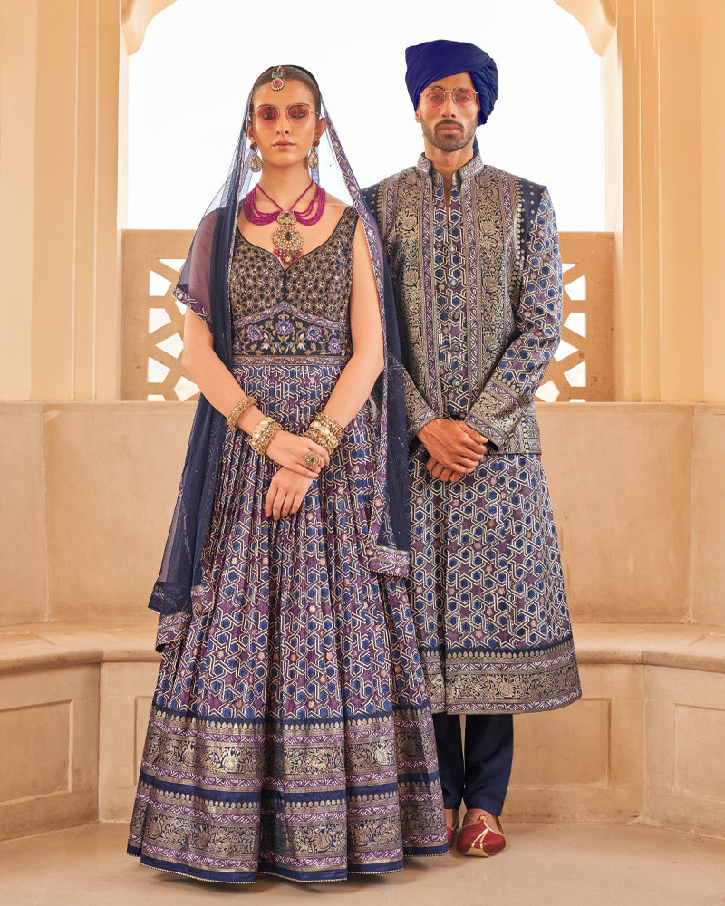 Blue Printed Anarkali Dress and Men Kurta Set with Zari Work Coat