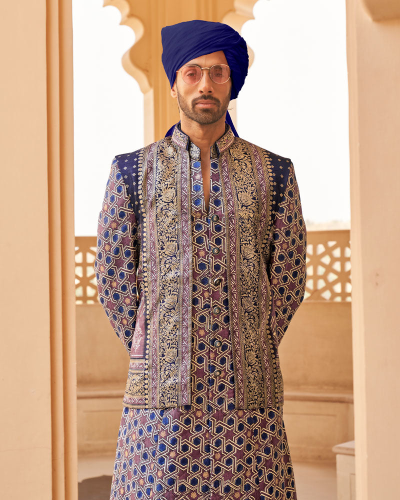 Blue Printed Anarkali Dress and Men Kurta Set with Zari Work Coat