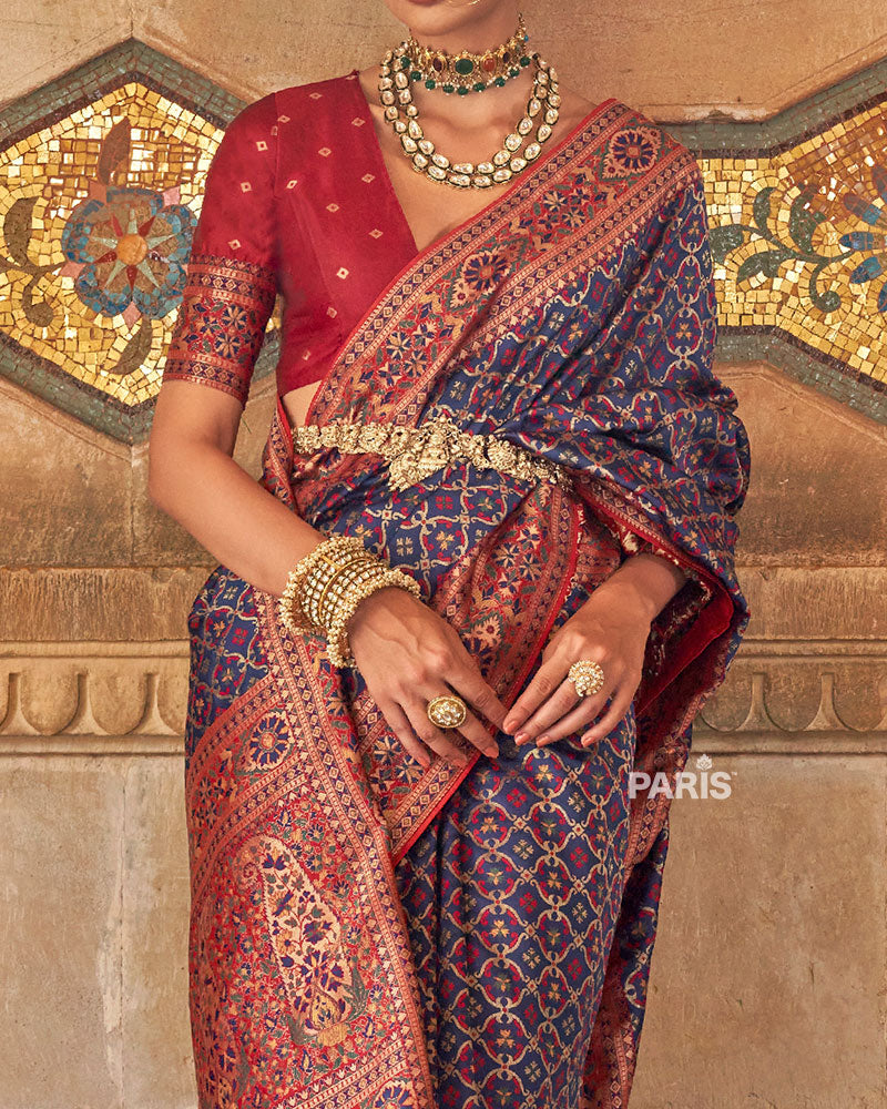 Blue and Red Border Banarasi Jacquard Silk Saree with Unstitched Blouse 03