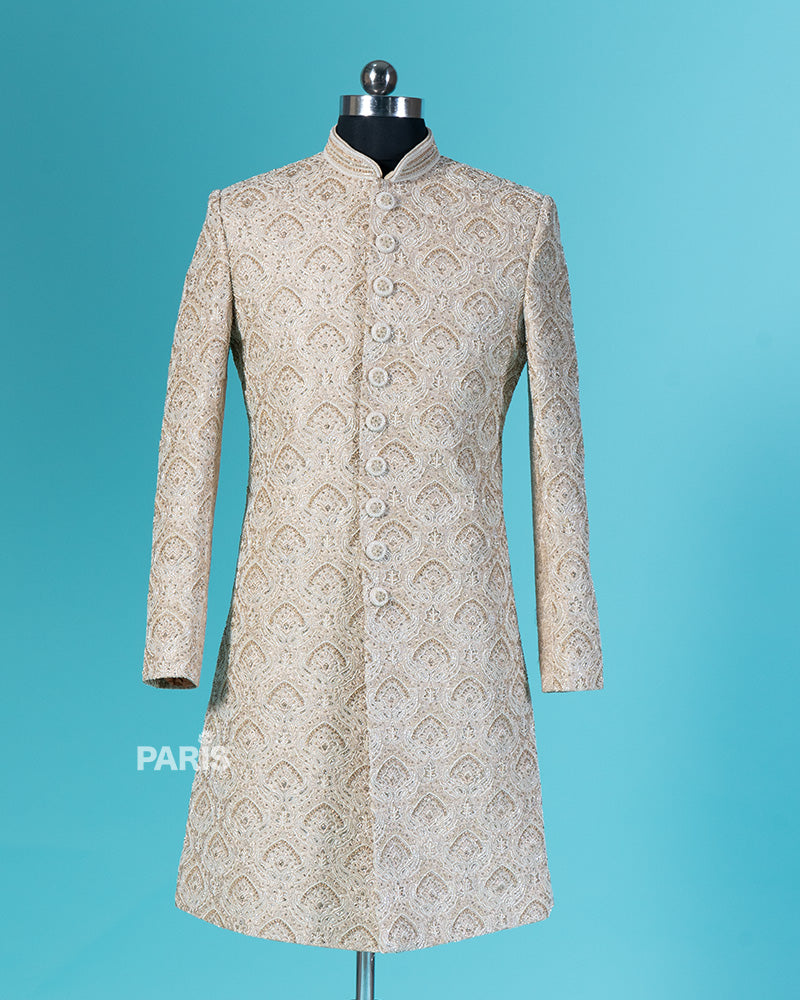 Cotton Seed Embroidered Sherwani with Pajama Set 01