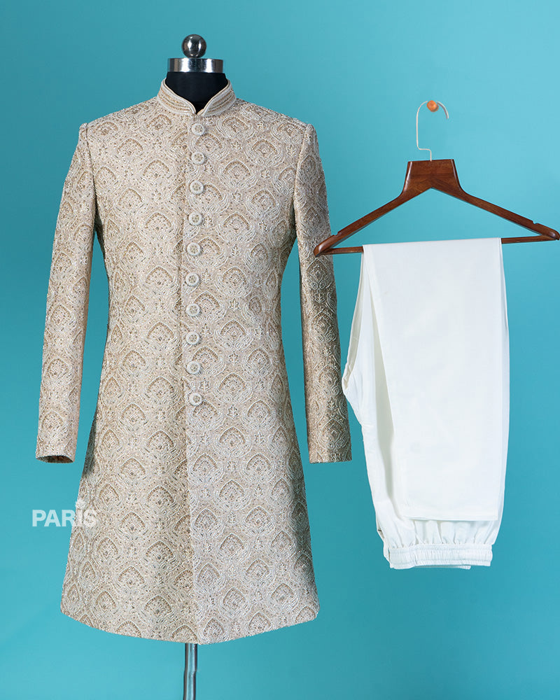 Cotton Seed Embroidered Sherwani with Pajama Set 03