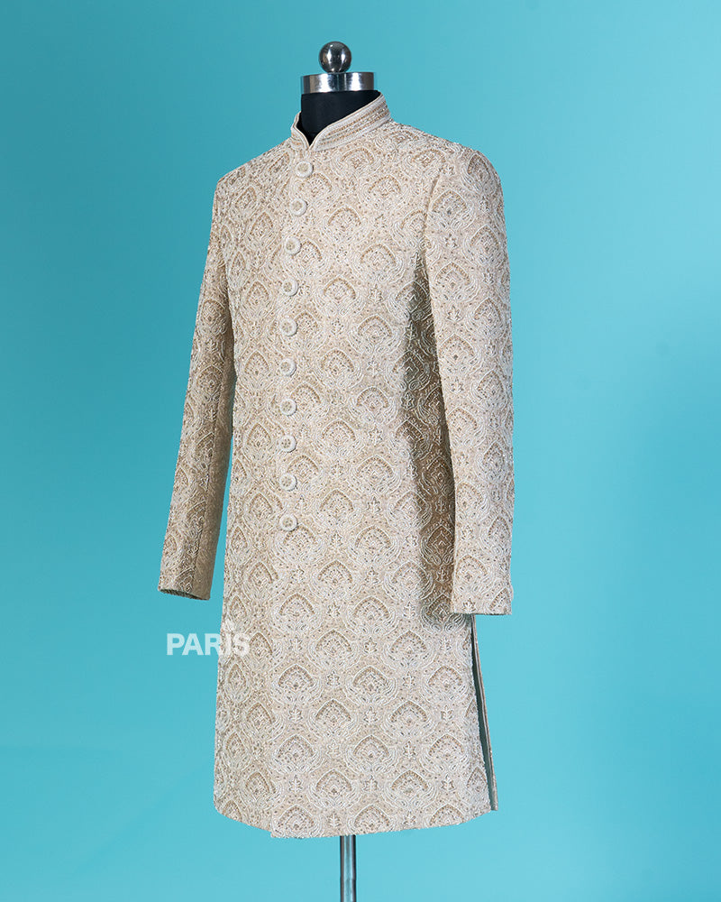 Cotton Seed Embroidered Sherwani with Pajama Set 04