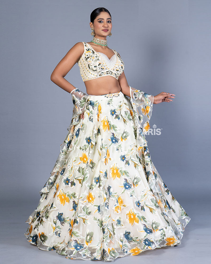Cream Floral Printed Lehenga Choli with Dupatta 01