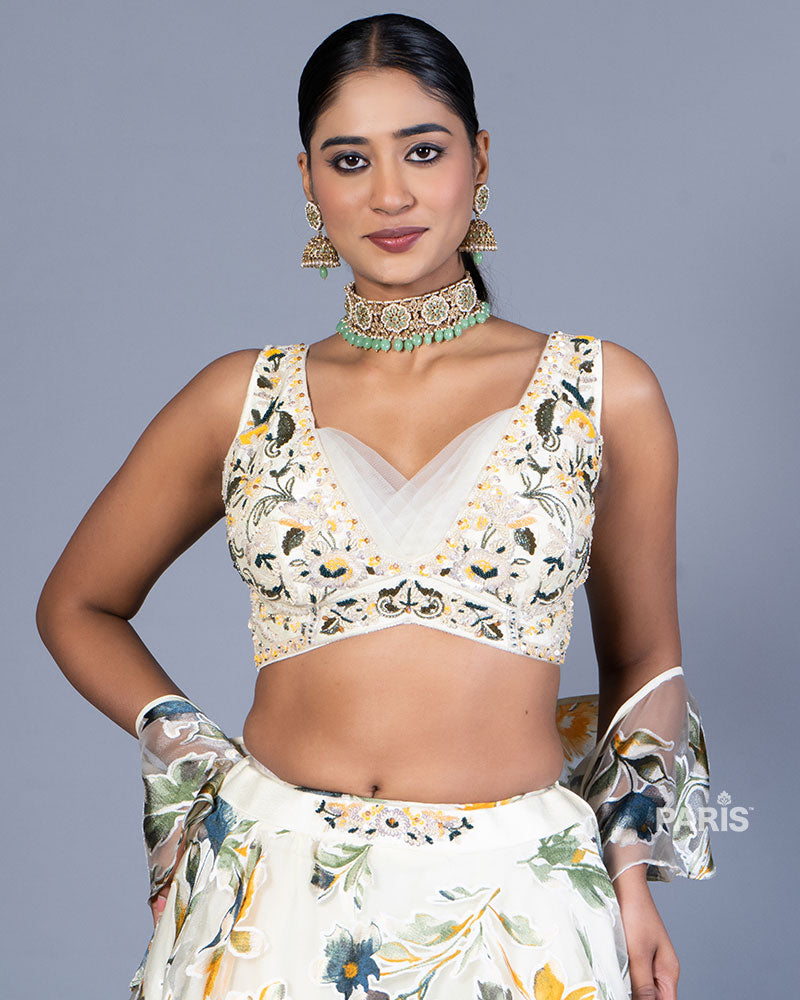 Cream Floral Printed Lehenga Choli with Dupatta 02