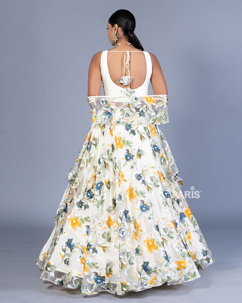 Cream Floral Printed Lehenga Choli with Dupatta 03