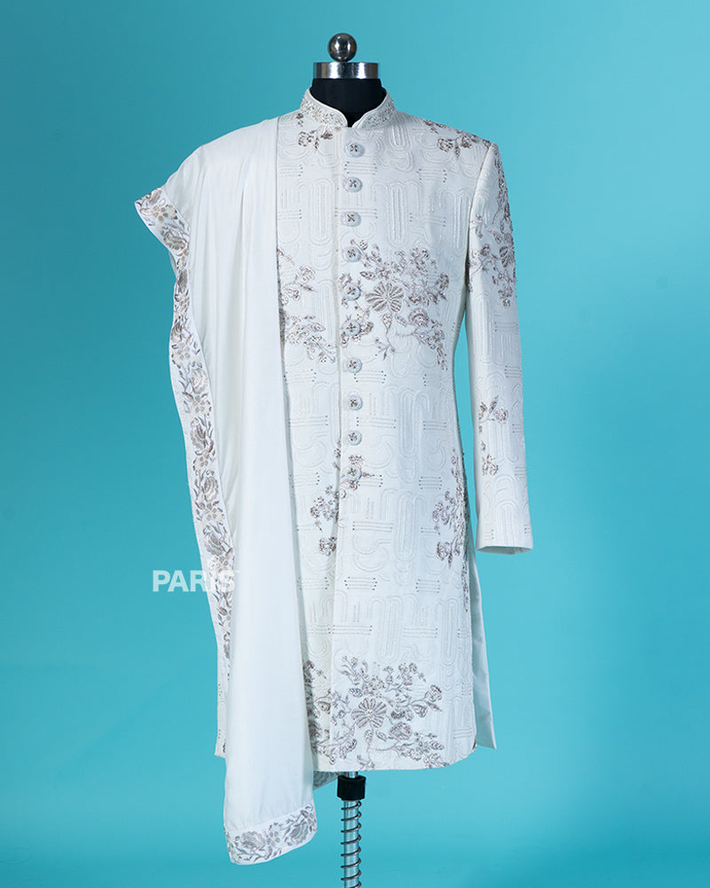 Cream White Embroidered Kurta Pajama Set for Groom 01