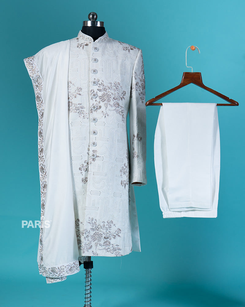 Cream White Embroidered Kurta Pajama Set for Groom 03