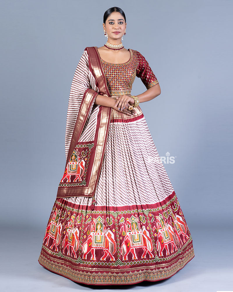 Cream and Maroon Printed Lehenga with Embroidered Choli and Dupatta 01