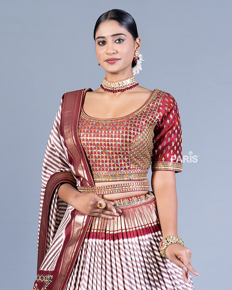 Cream and Maroon Printed Lehenga with Embroidered Choli and Dupatta 02