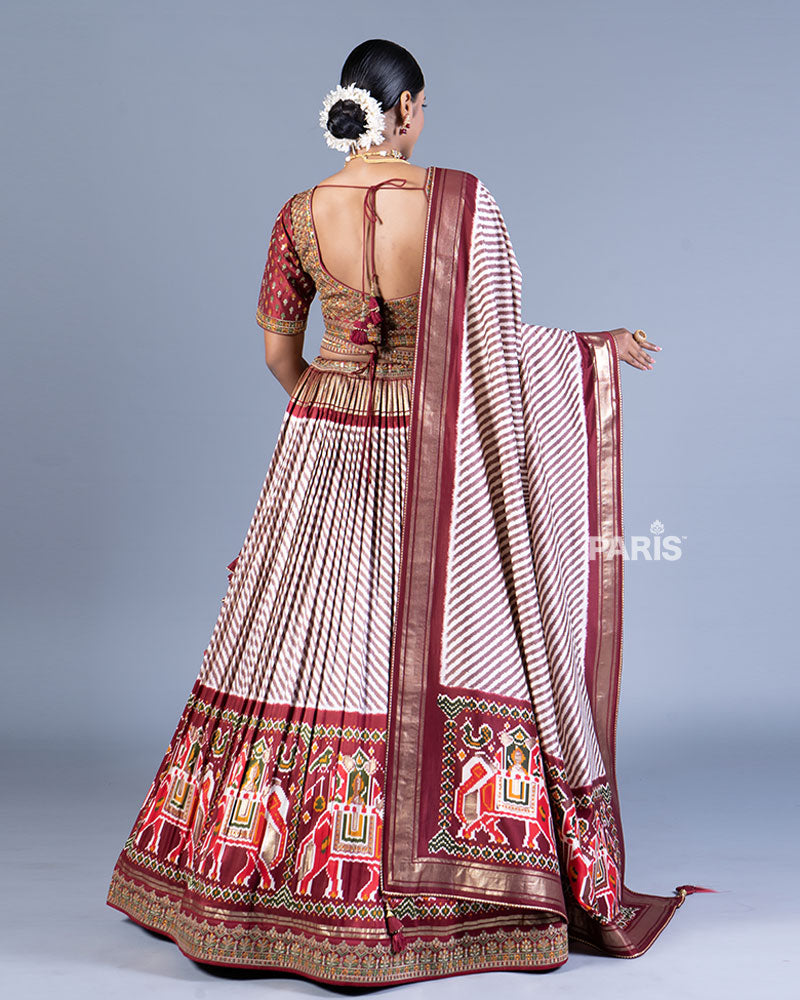 Cream and Maroon Printed Lehenga with Embroidered Choli and Dupatta 03