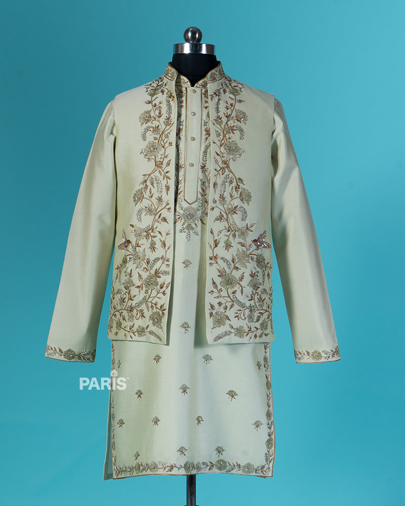 Dark Beige Golden Embroidered Kurta with Pajama Set 01