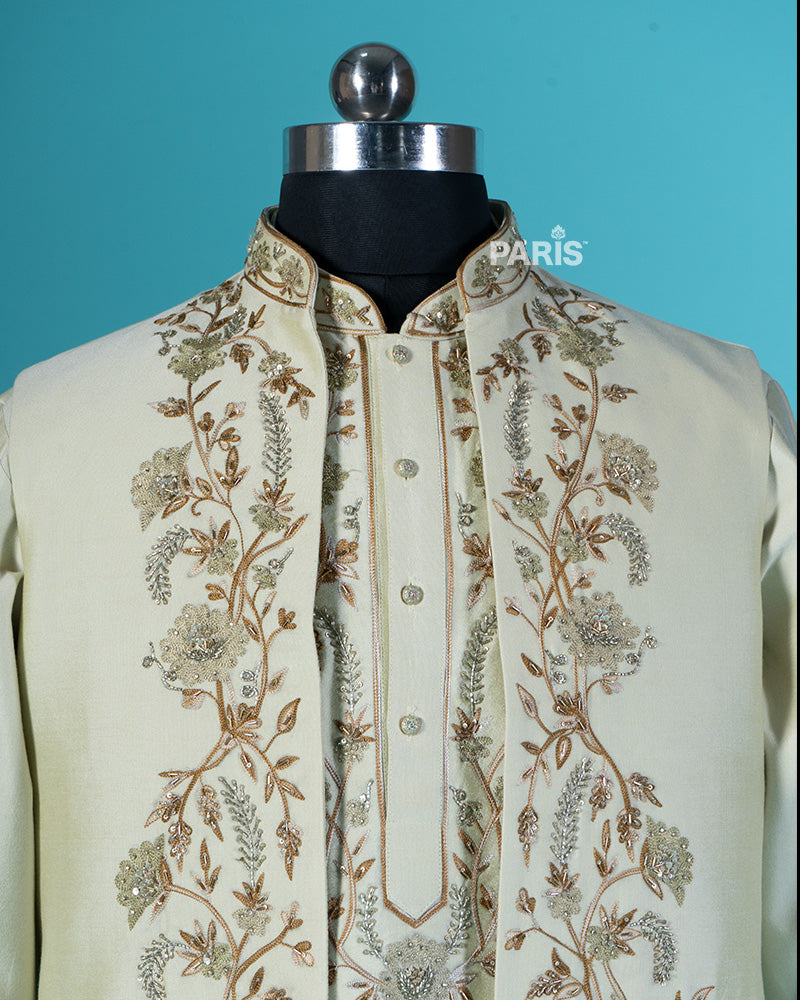 Dark Beige Golden Embroidered Kurta with Pajama Set 02