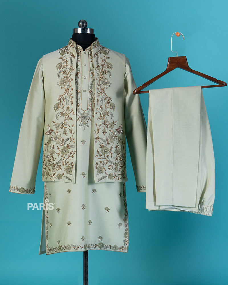 Dark Beige Golden Embroidered Kurta with Pajama Set 03