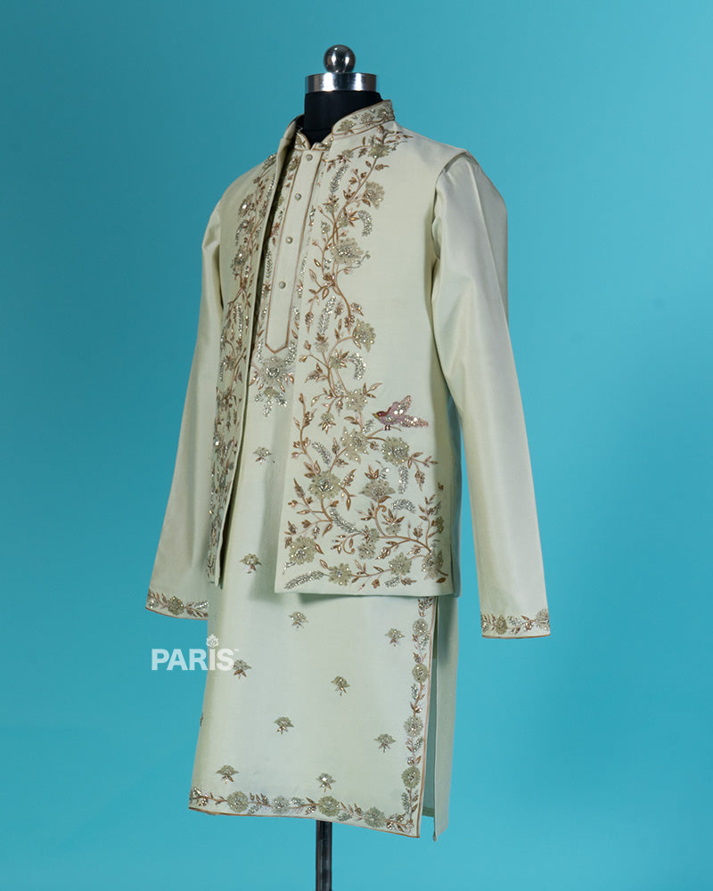 Dark Beige Golden Embroidered Kurta with Pajama Set 04