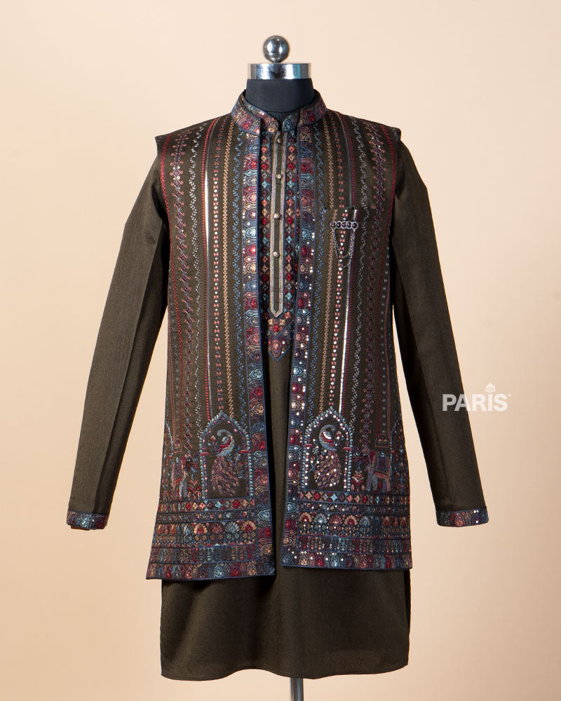Dark Olive-Green Kurta with Embroidered Vest and Pajama Set 01