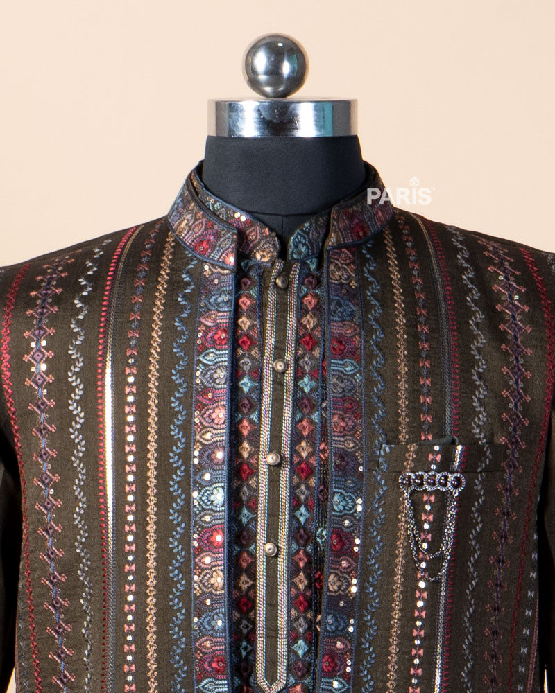 Dark Olive-Green Kurta with Embroidered Vest and Pajama Set 02