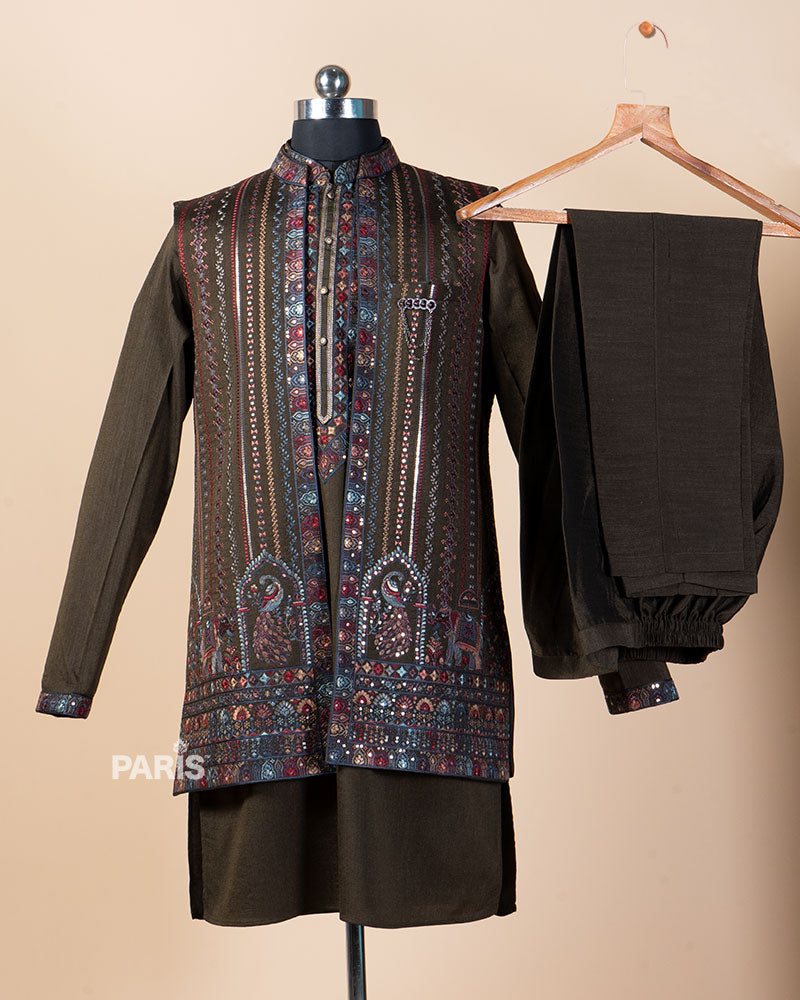 Dark Olive-Green Kurta with Embroidered Vest and Pajama Set 03