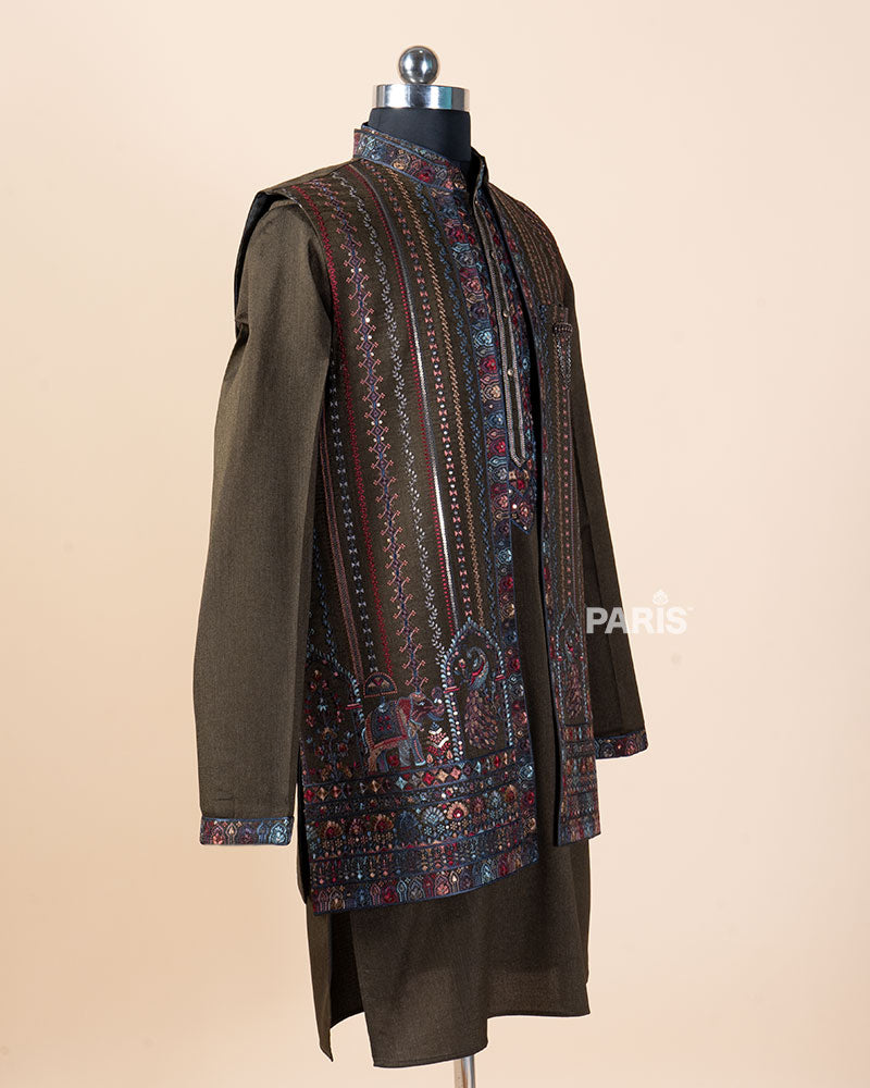 Dark Olive-Green Kurta with Embroidered Vest and Pajama Set 04