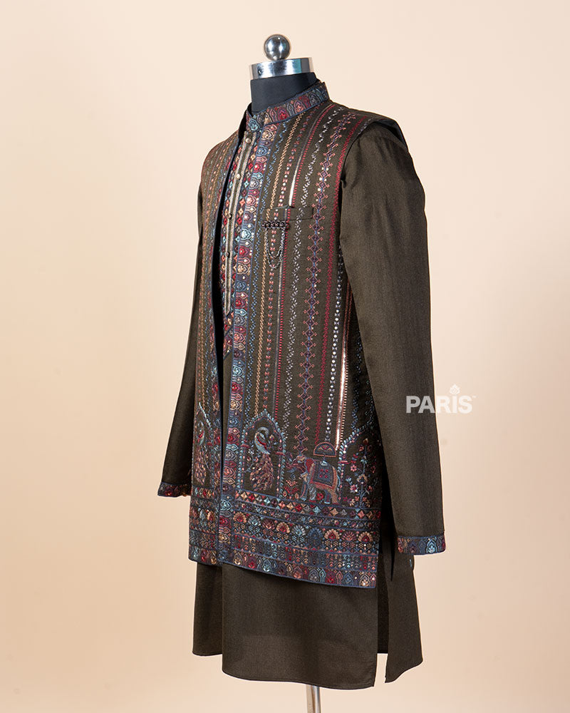 Dark Olive-Green Kurta with Embroidered Vest and Pajama Set 05