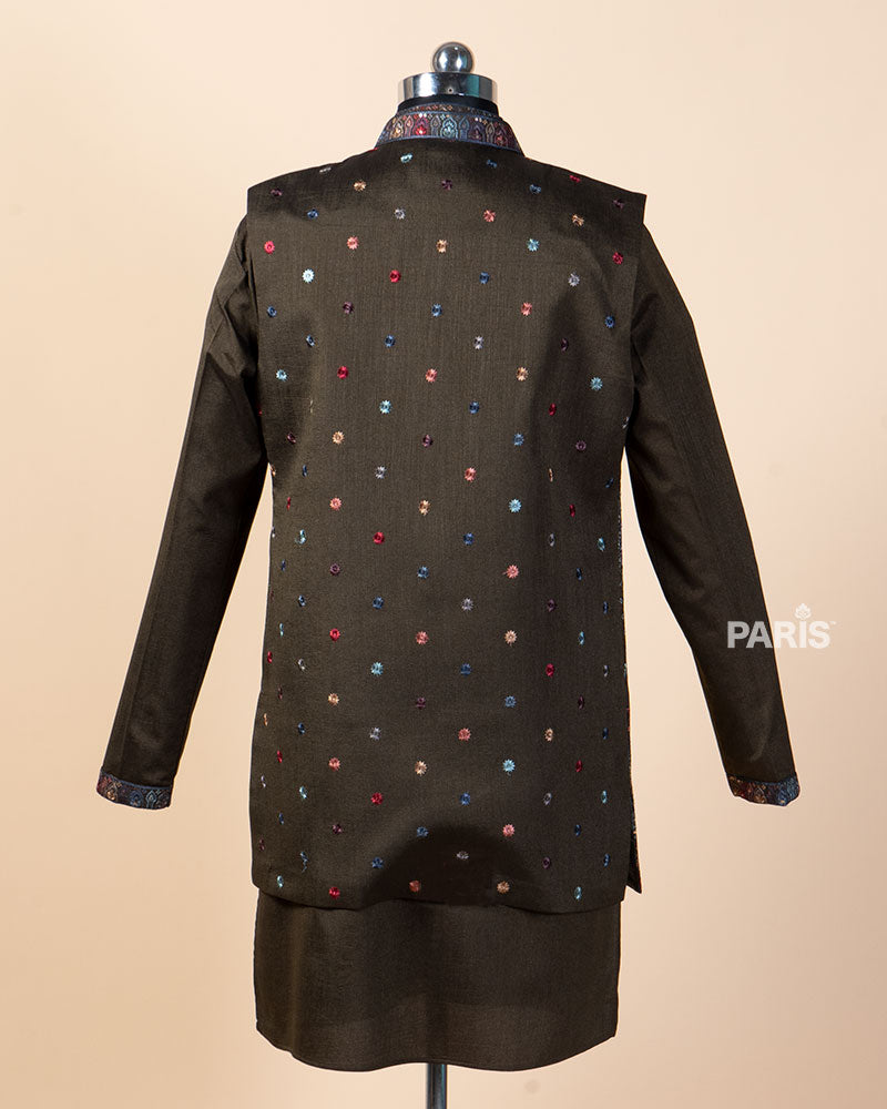 Dark Olive-Green Kurta with Embroidered Vest and Pajama Set 06