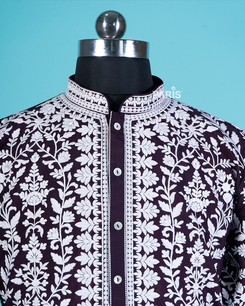 Dark Purple Embroidered Kurta with Dhoti Pants 02