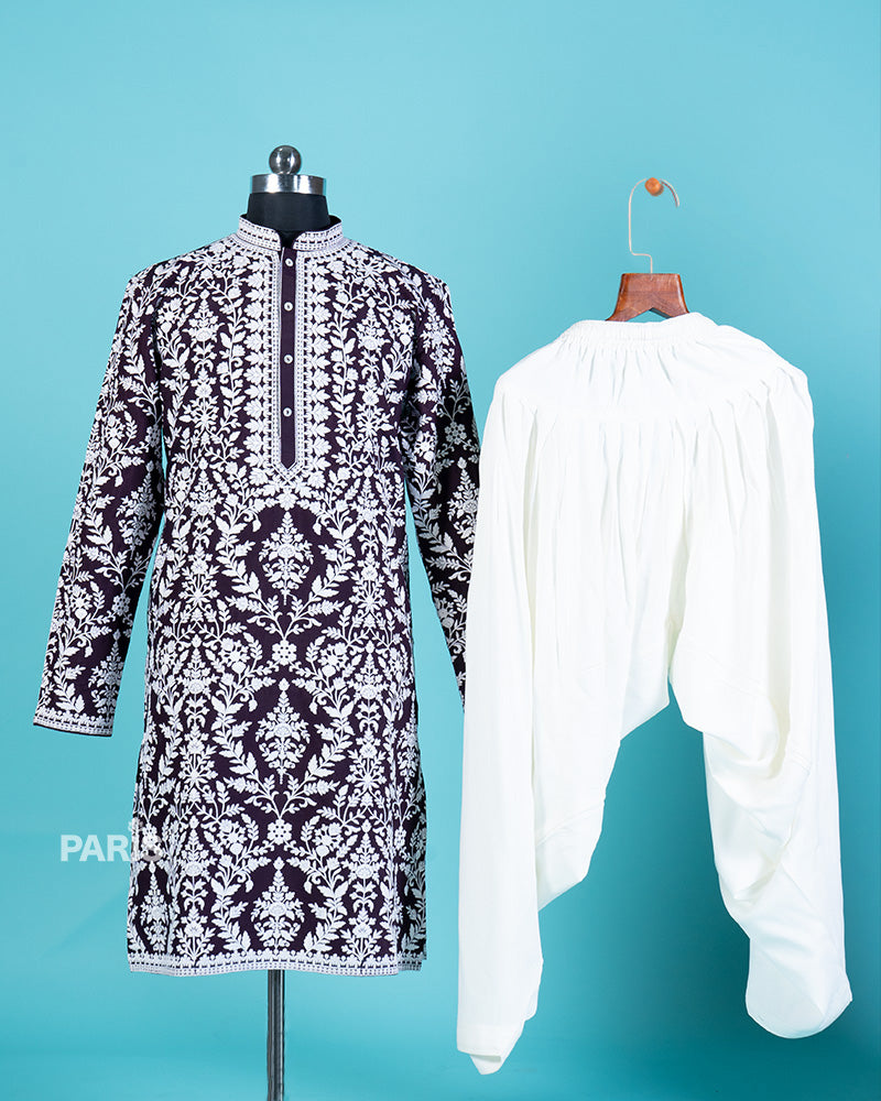 Dark Purple Embroidered Kurta with Dhoti Pants 03