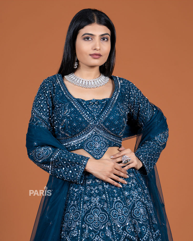 Deep Blue Embroidery Embellished Lehenga Choli with Dupatta 02