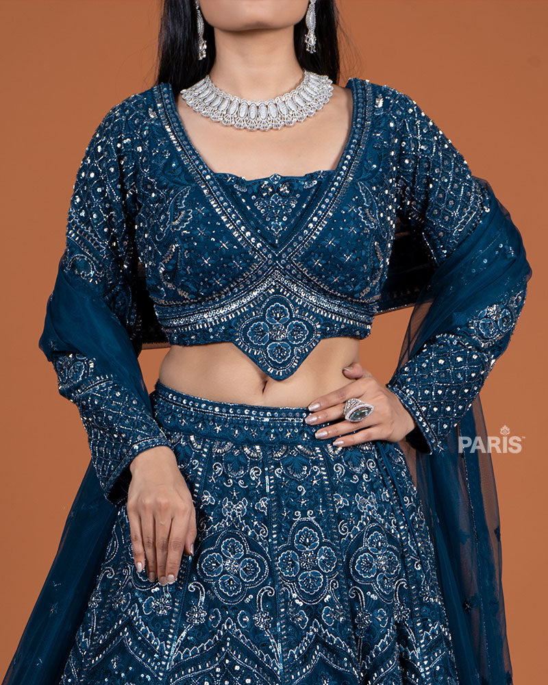 Deep Blue Embroidery Embellished Lehenga Choli with Dupatta 03