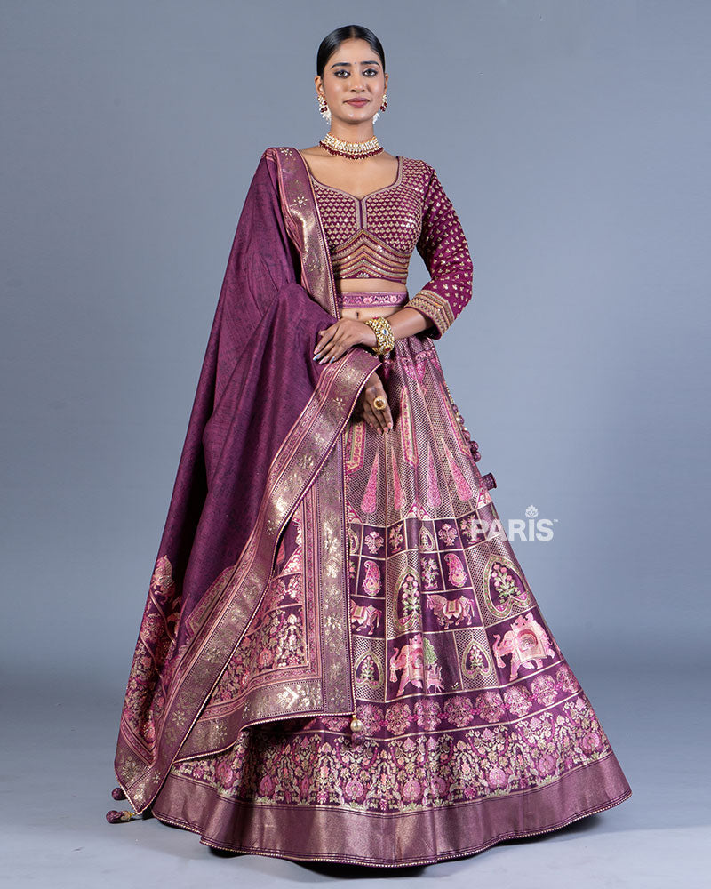 Deep Purple Embroidered Lehenga Choli with Dupatta and Belt 01