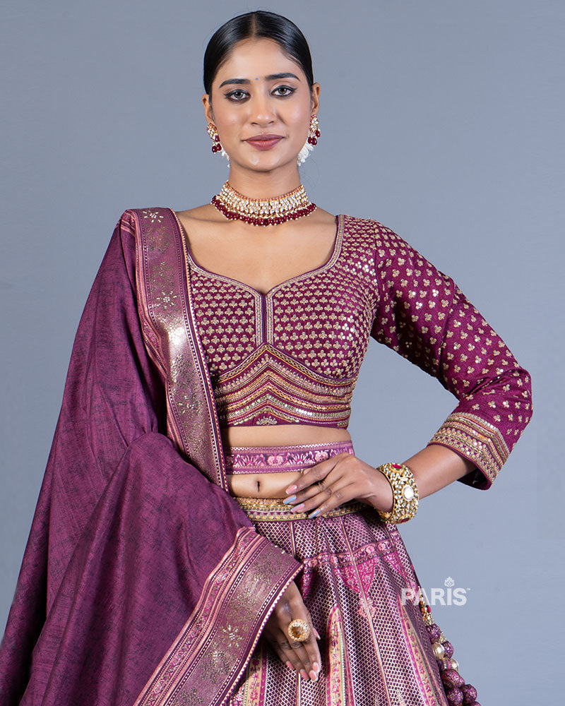 Deep Purple Embroidered Lehenga Choli with Dupatta and Belt 02