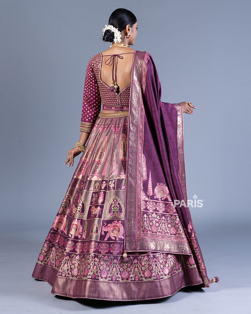 Deep Purple Embroidered Lehenga Choli with Dupatta and Belt 03