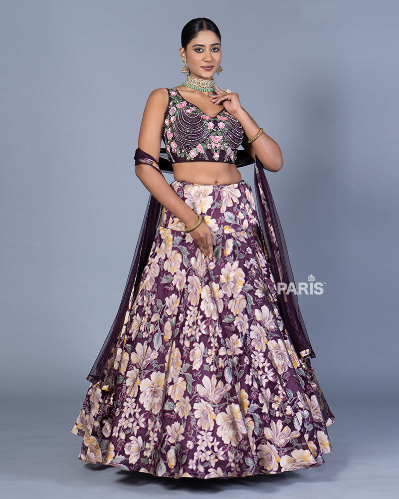 Deep Purple Floral Printed Lehenga Choli with Dupatta 01