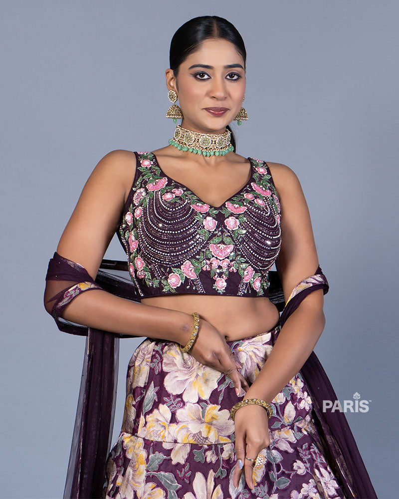 Deep Purple Floral Printed Lehenga Choli with Dupatta 02
