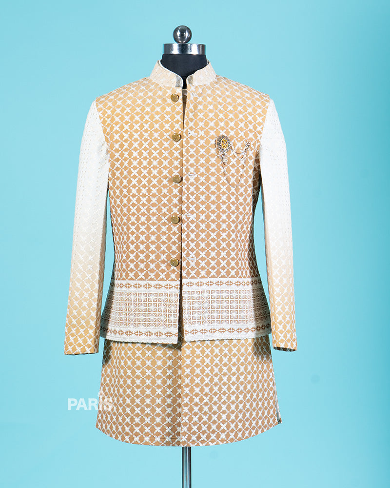 Earth Yellow Kurta Pajama Set with Embroidered Jacket and Decorative Brooch 01