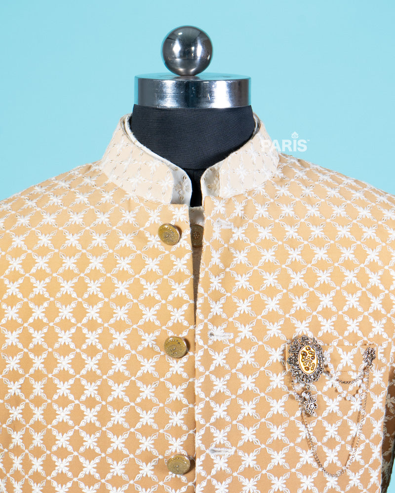 Earth Yellow Kurta Pajama Set with Embroidered Jacket and Decorative Brooch 02