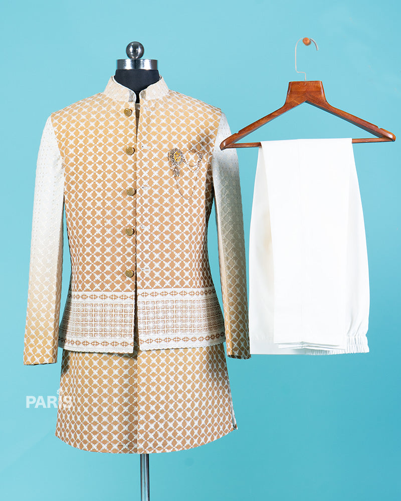 Earth Yellow Kurta Pajama Set with Embroidered Jacket and Decorative Brooch 03