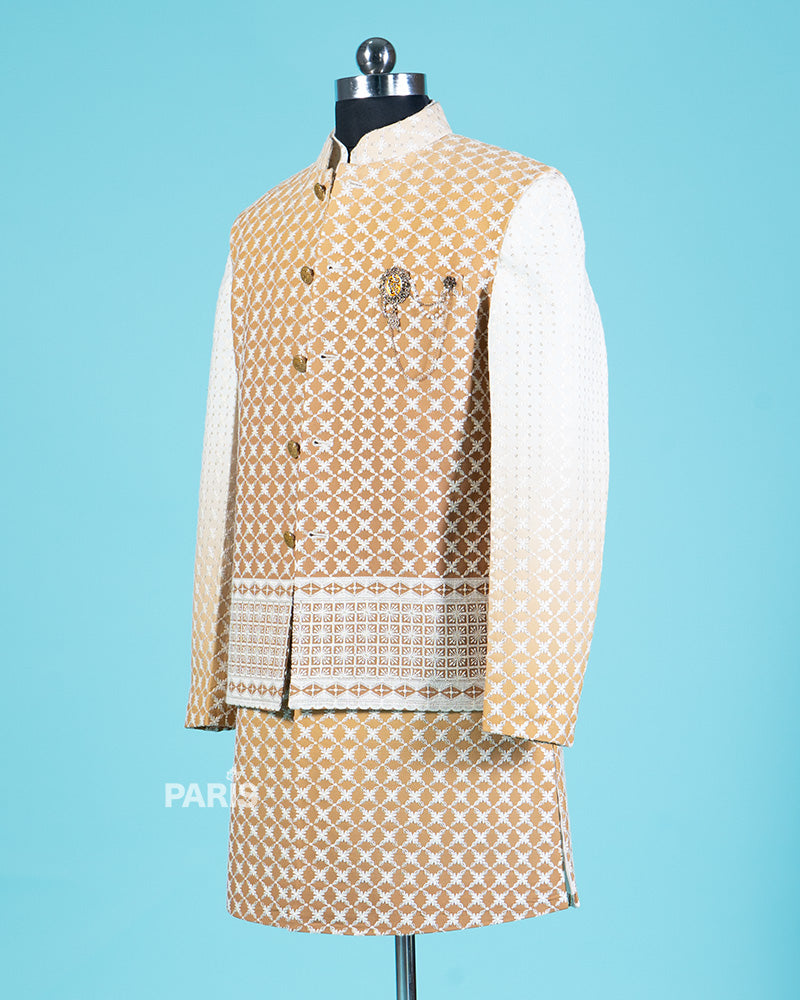 Earth Yellow Kurta Pajama Set with Embroidered Jacket and Decorative Brooch 04