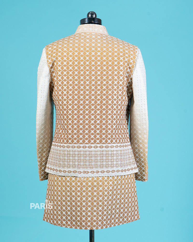 Earth Yellow Kurta Pajama Set with Embroidered Jacket and Decorative Brooch 06